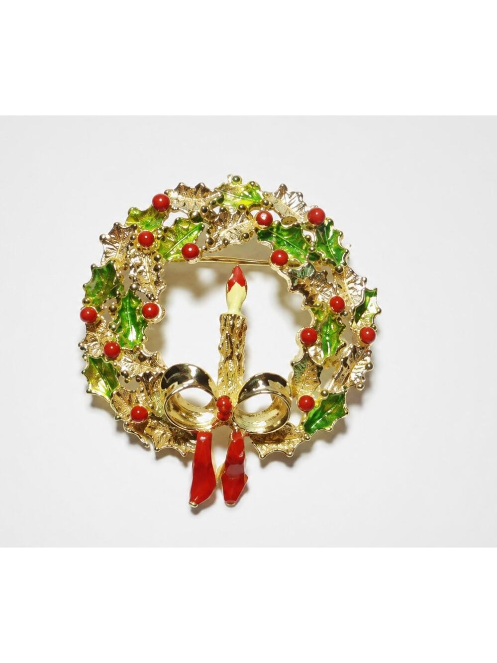Signed Gerrys Large Enamel Christmas‎ Wreath Brooch Pin 1.75" Vintage h-111